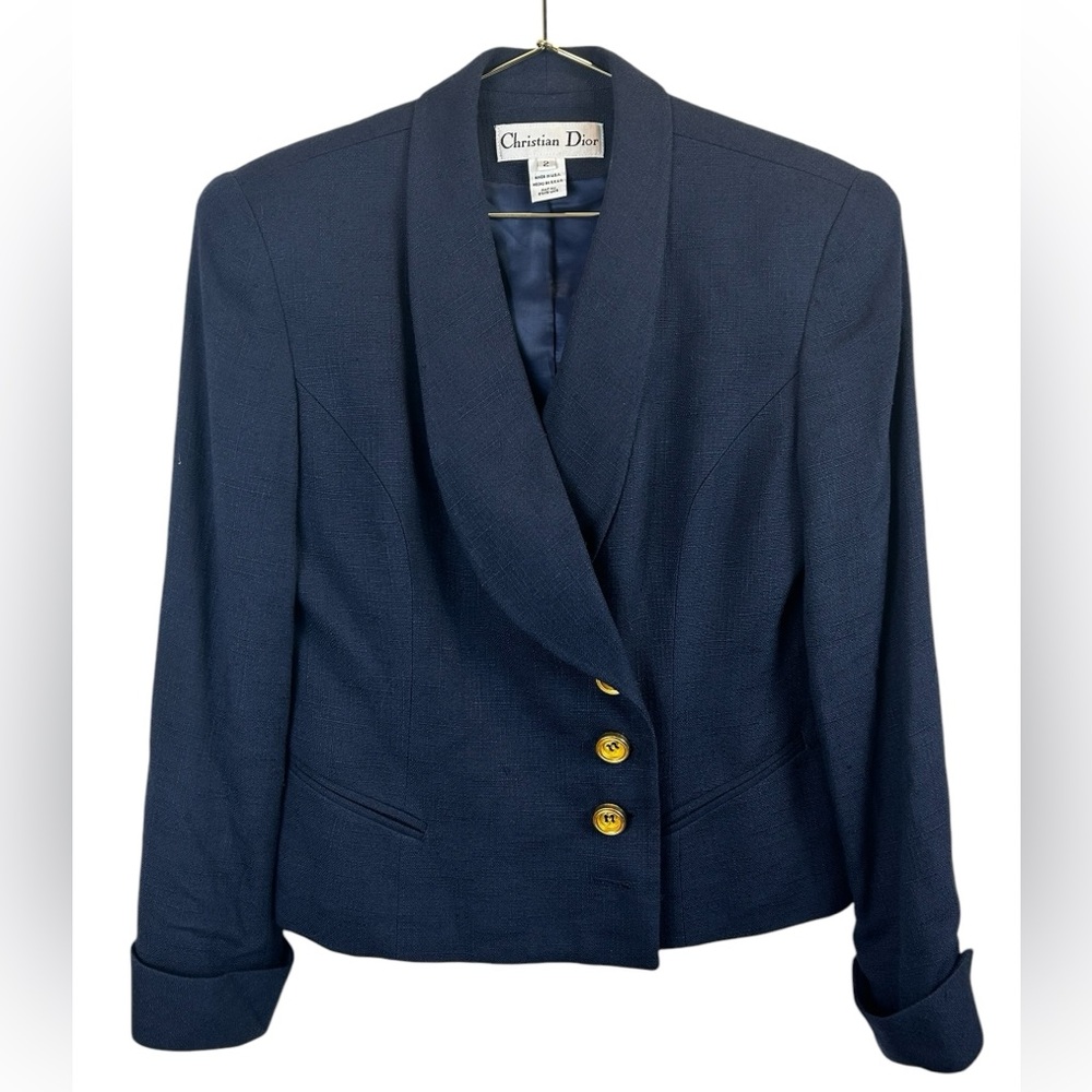 Christian Dior Cropped Long Sleeve Double Breasted Blazer Navy